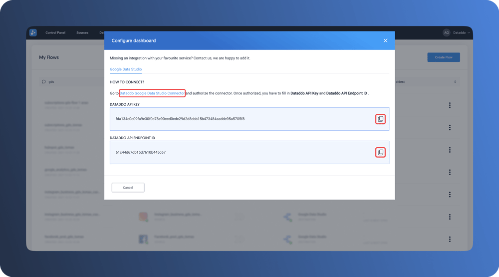 Configurate your flow ro Google Data Studio