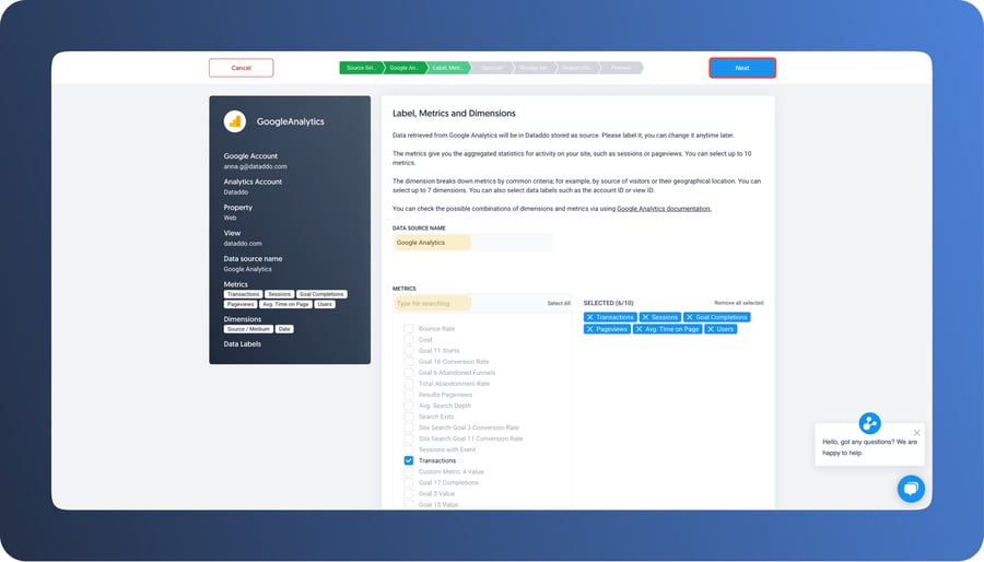 Choose metrics and dimensions for GA