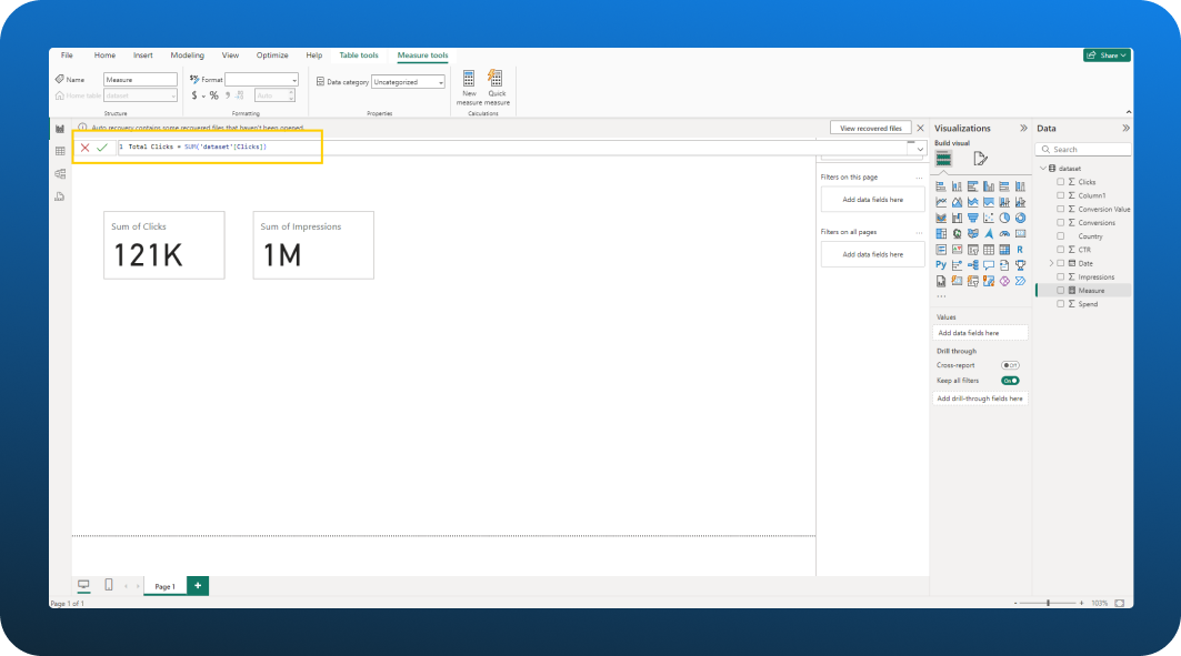 Writing DAX to generate total clicks in Power BI