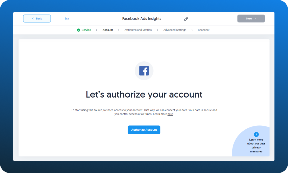 Creating a Facebook Ads source in Dataddo step 2