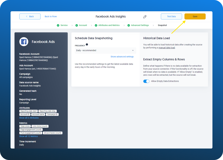 Creating a Facebook Ads source in Dataddo step 5