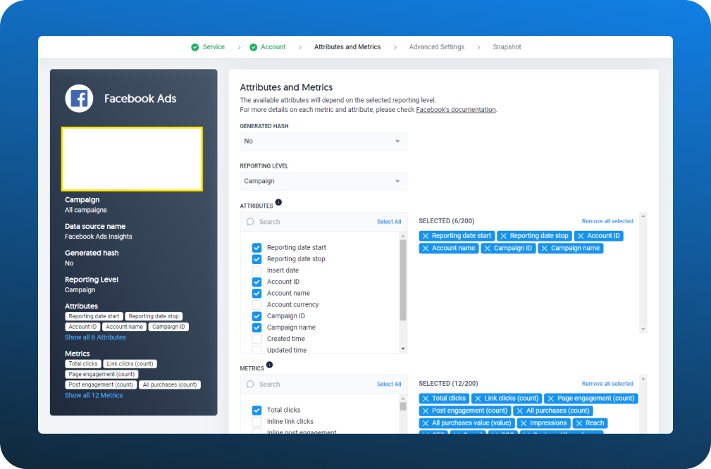 Creating a Facebook Ads source in Dataddo step 4