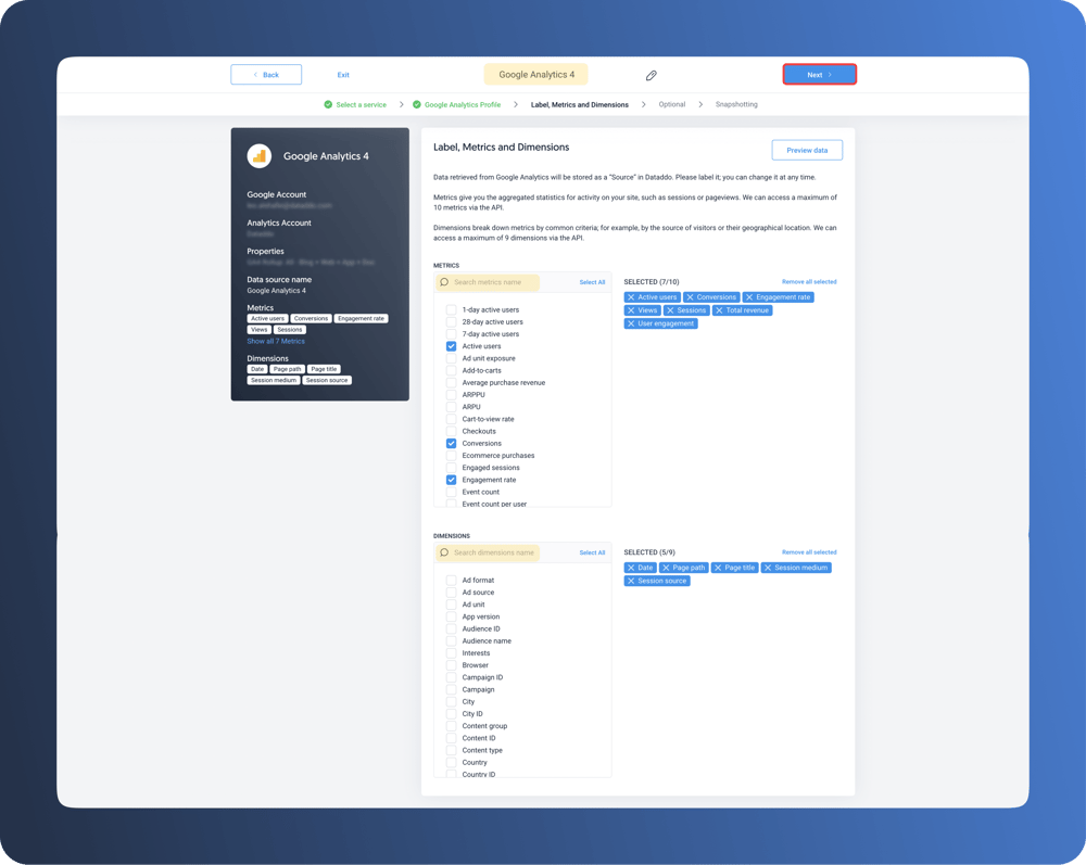 Select your metrics and attributes