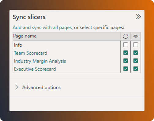 Panel showing sync control on the left and visible control on the right