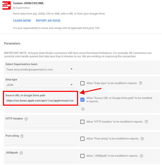 Add the Custom JSON/CSV/XML connector from Supermetrics as a new data source, and then input the API endpoint or import a your file