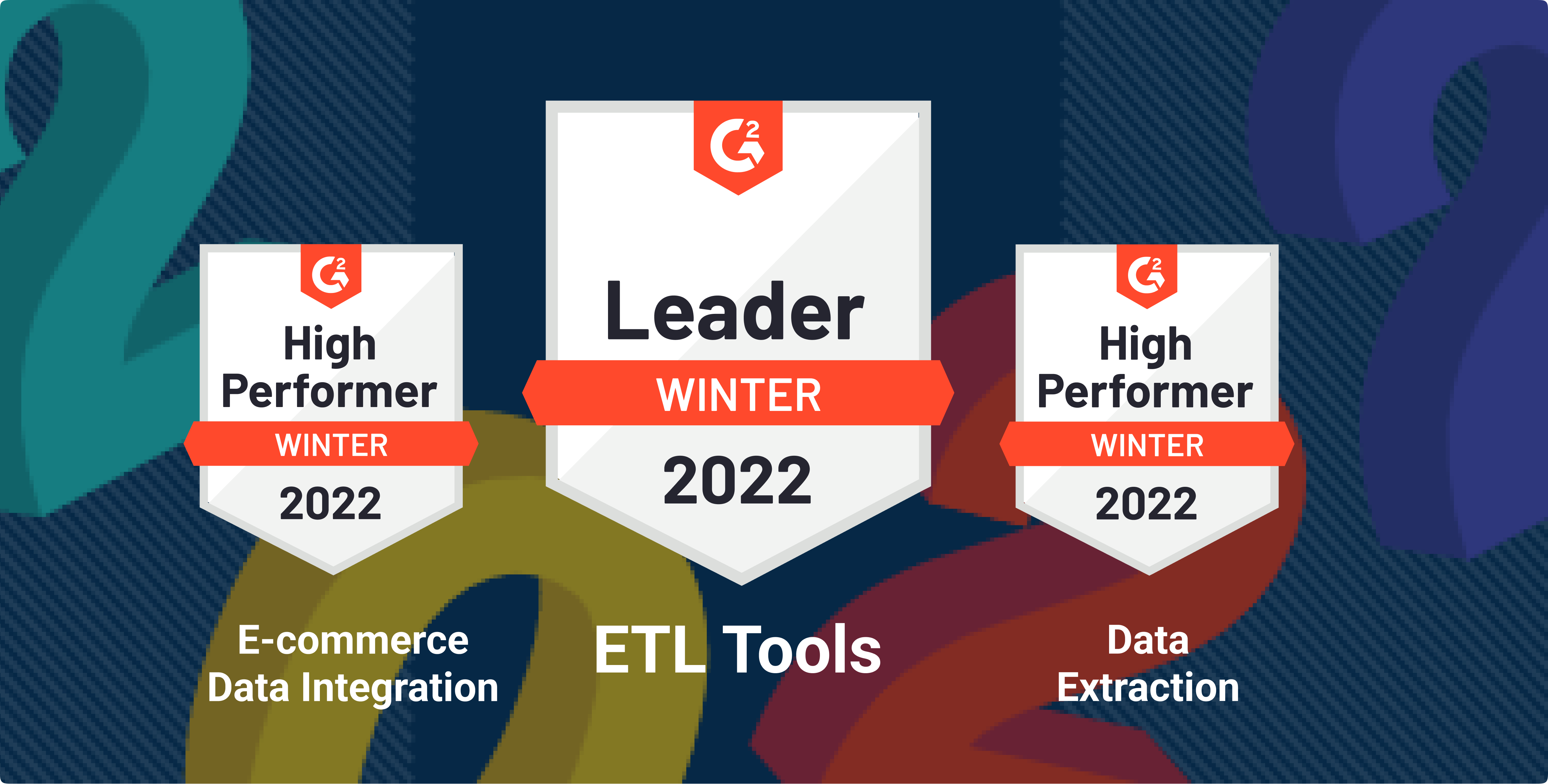 Dataddo's badges from G2. Includes Winter 2022 High Performer in the categories E-commerce Data Integration, and Data Extraction, and Winter 2022 Leader in ETL Tools.