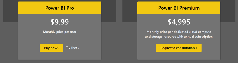 Power BI has two payment levels - Pro and Premium.