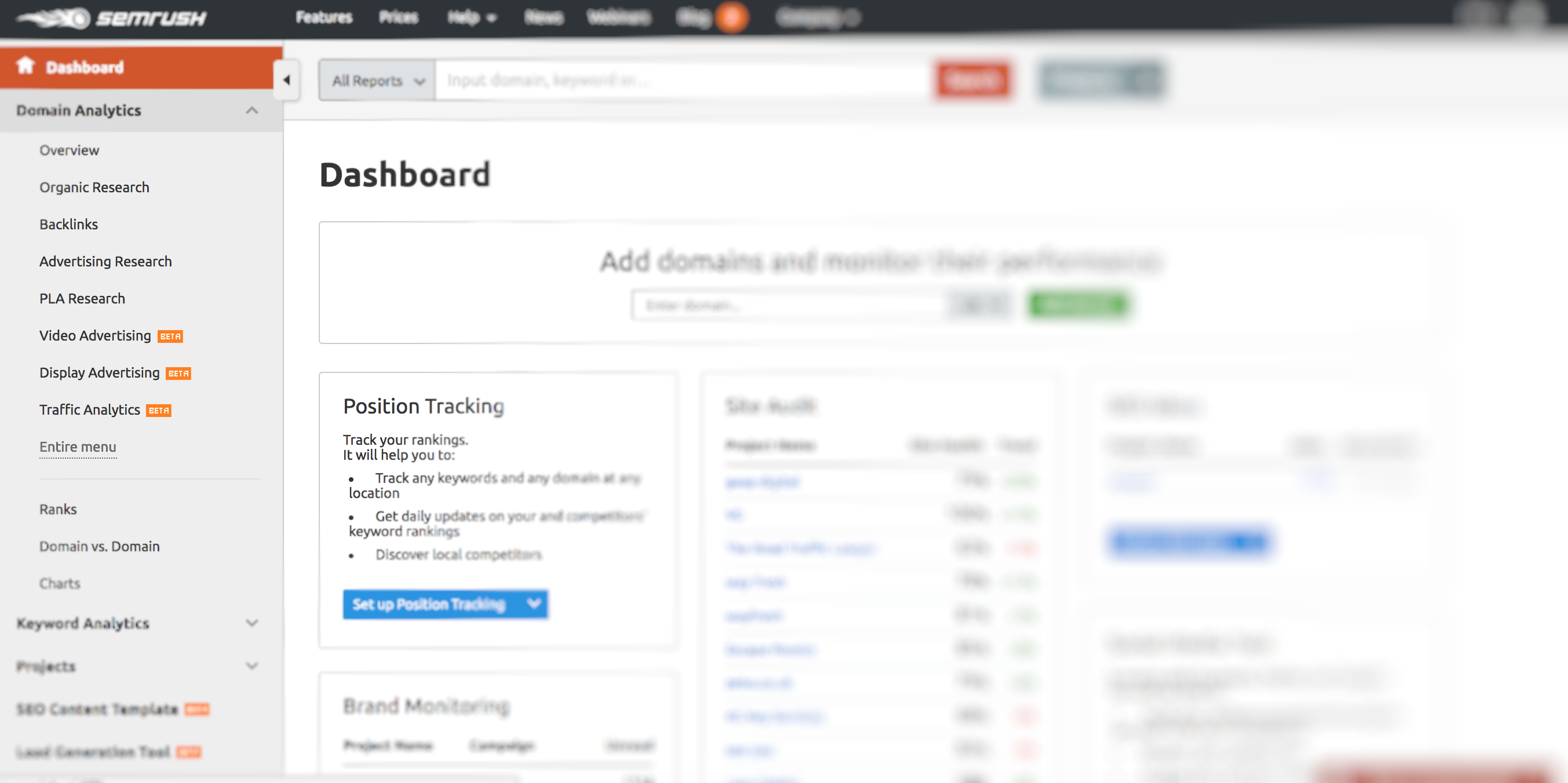 SEMrush dashboard example